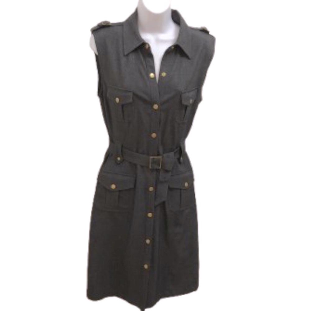 CALVIN KLEIN CHARCOAL GRAY SNAP FRONT DRESS • BELTED • GOLD HARDWARE • Sz 12